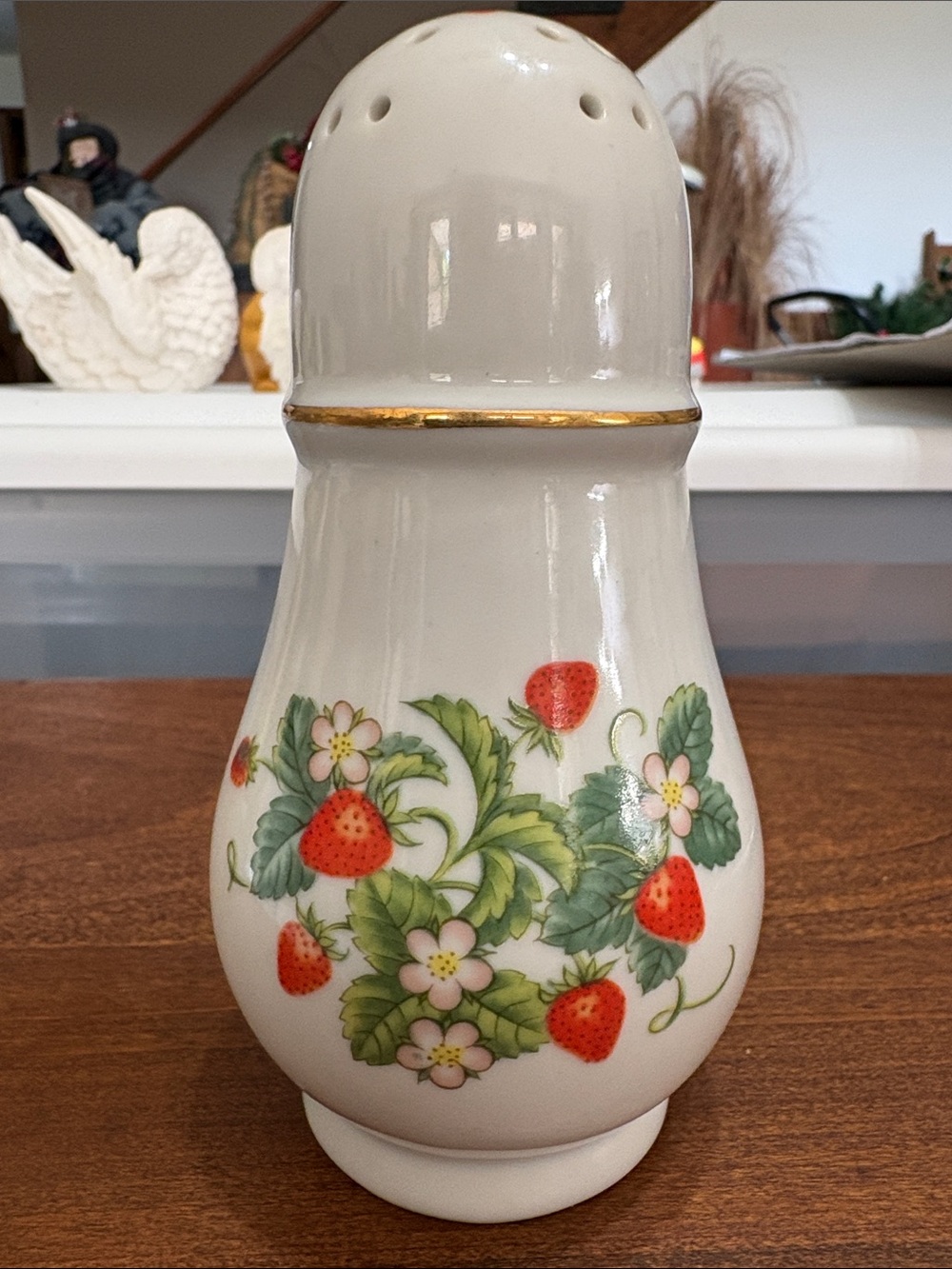 Avon White Porcelain Strawberry Sugar Shaker with Gold Trim